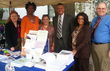 Text: Laverne Scott, DBS; Commissioner of Education Bennett; Aimee Mallini and Rethia Hudson, Bureau of Exceptional Education and Student Services; and Heather Conley and Patrick Wright, Division of Career and Adult Education