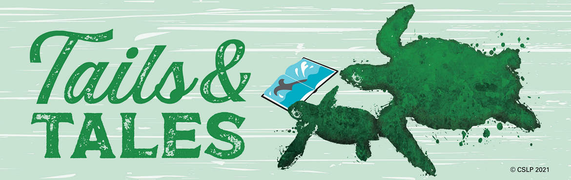 Tails and tales summer reading 2021 banner. Two sea turtles reading a book.