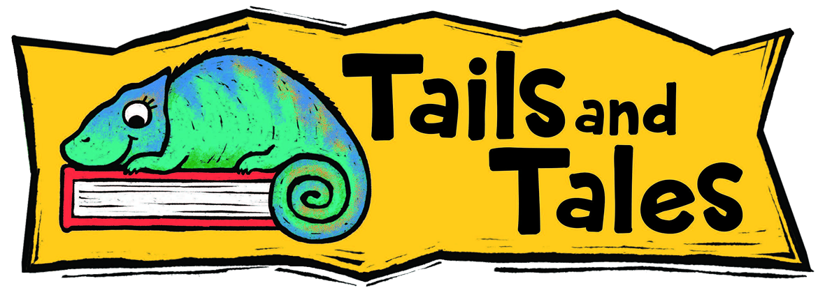 Tails and tales summer reading 2021 banner. Lizard laying on top of a book.