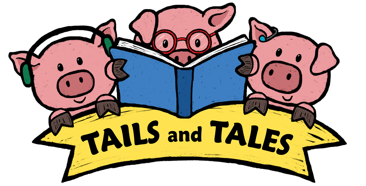 Tails and tales summer reading 2021 banner. Three pigs reading a book.