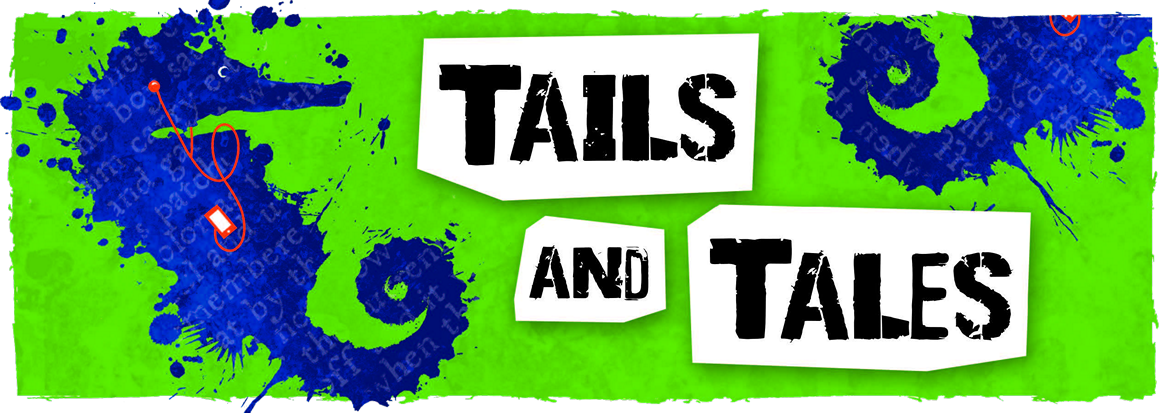 Tails and tales summer reading 2021 banner. Seahorse listening to digital player.