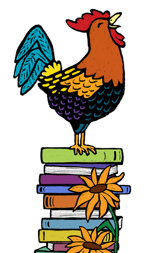 Rooster standing on top of a stack of books.