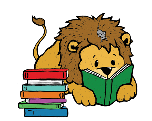 Lion reading a book.
