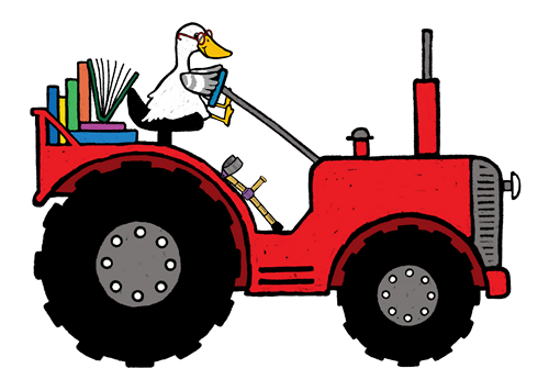 Duck driving a tractor loaded with books.